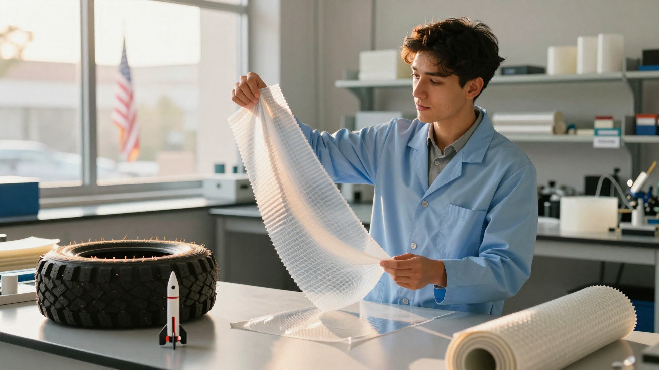 Jovem cientista em laboratório analisando material transparente em folha enquanto está em pé ao lado de roda e foguete.