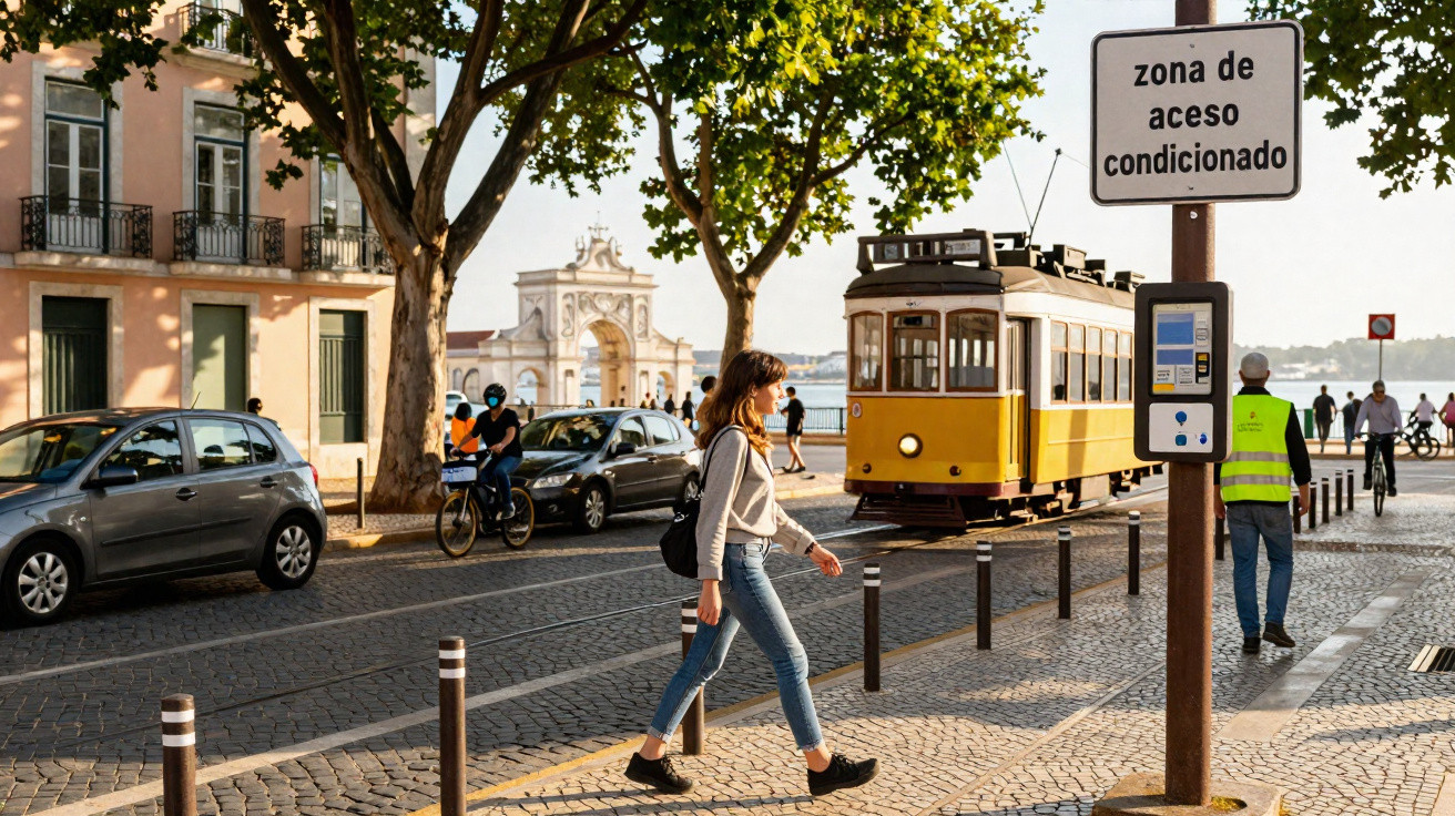 Mulher atravessa rua com bonde amarelo e placas de “zona de acesso condicionado” ao pôr do sol.