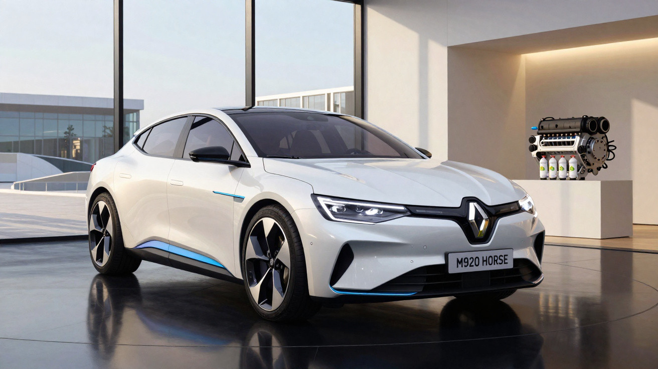 Carro elétrico branco Renault Mégane E-Tech com detalhes azuis em showroom moderno com motor exposto ao fundo.