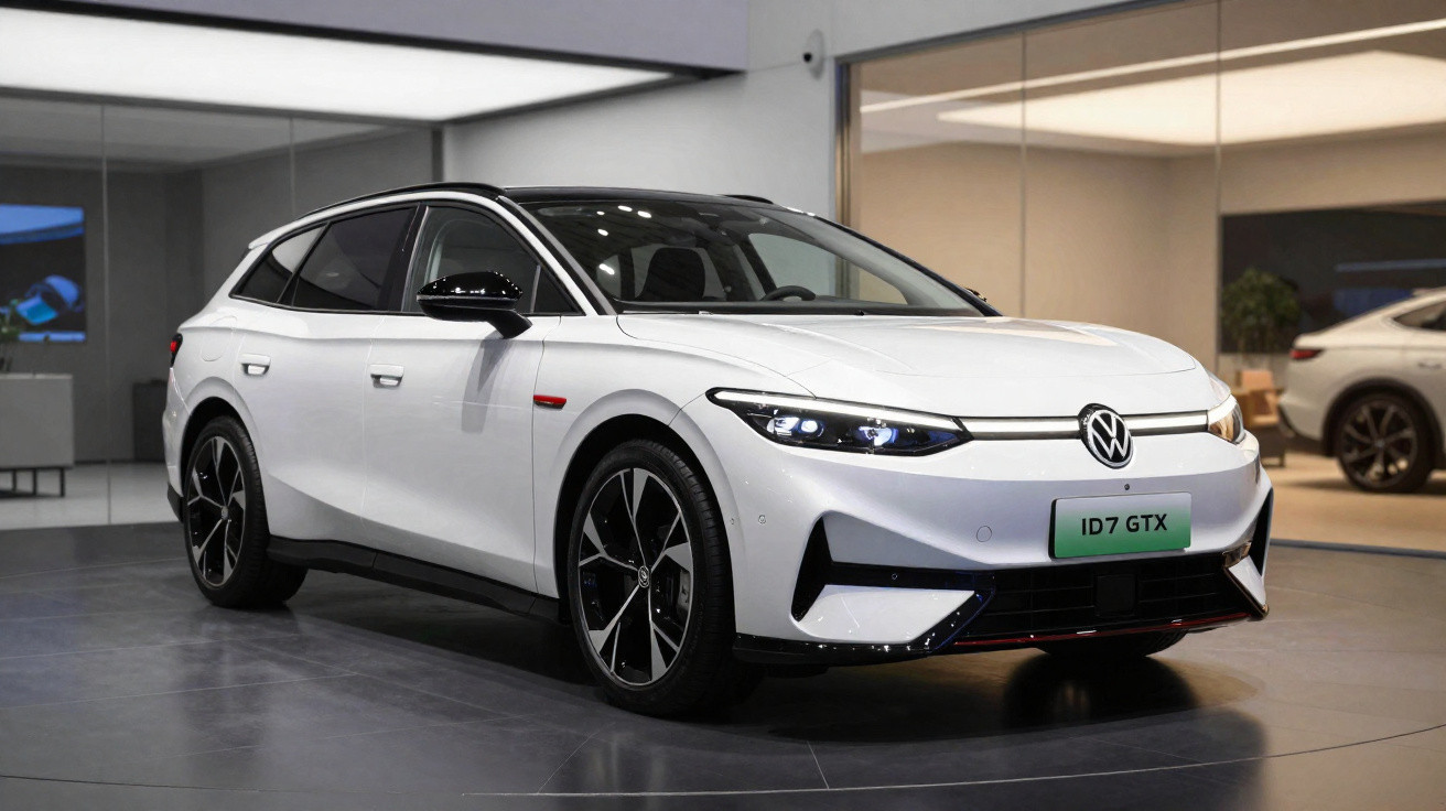 Carro elétrico Volkswagen ID.7 GTX branco em ambiente interno moderno, com rodas esportivas pretas e detalhes em preto.