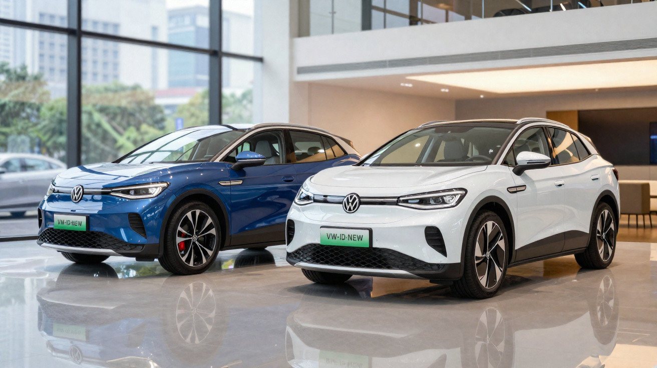 Dois carros elétricos Volkswagen ID.4 estacionados em showroom moderno, um branco e outro azul.
