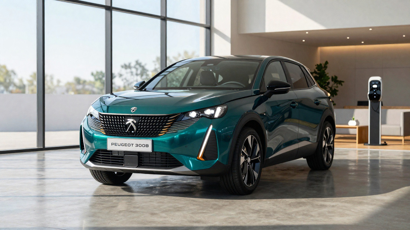 Carro elétrico Peugeot 3008 verde exibido em showroom moderno com parede de vidro e estação de recarga ao fundo.