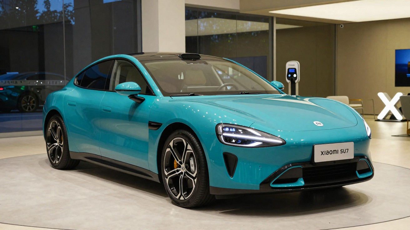 Carro elétrico verde-azulado Xiaomi SU7 exibido em ambiente interno moderno com estação de carregamento ao fundo.