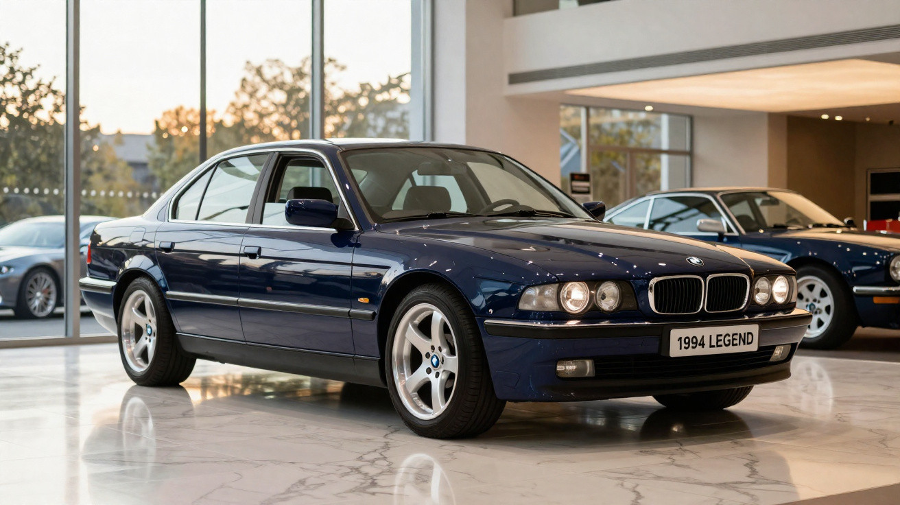 Carro BMW 1994 Legend azul escuro em exposição interna com piso de mármore branco e janelas grandes.