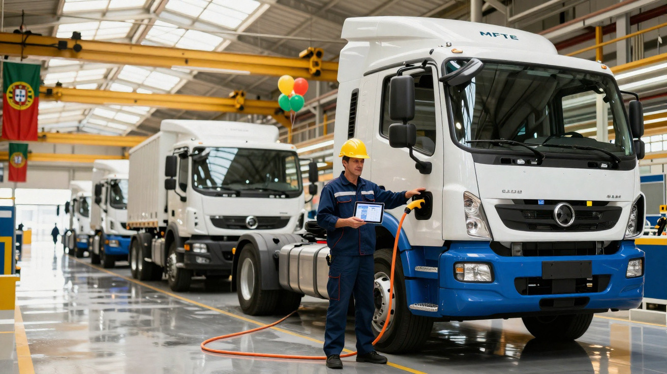 Homem com capacete conecta caminhão branco a equipamento de energia dentro de fábrica moderna.