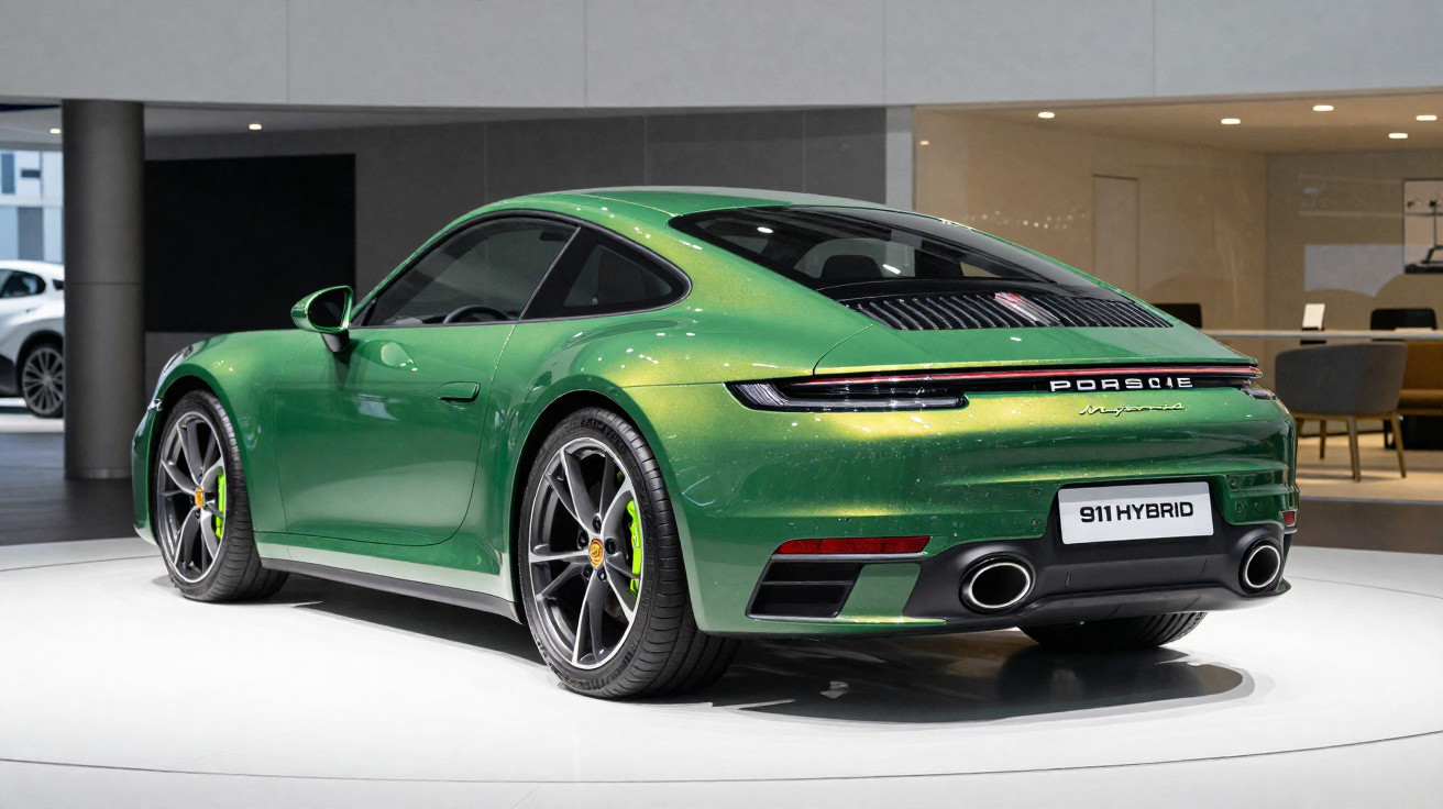 Carro esportivo verde Porsche 911 Hybrid exibido em plataforma branca dentro de salão moderno.