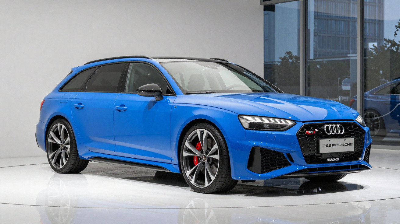 Carro esportivo Audi RS4 Avant azul estacionado em ambiente interno moderno e iluminado.