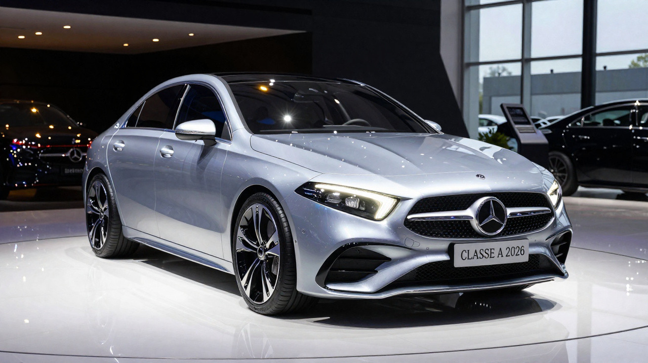 Mercedes-Benz Classe A 2026 prata exibido em ambiente interno com iluminação refletida na lataria.