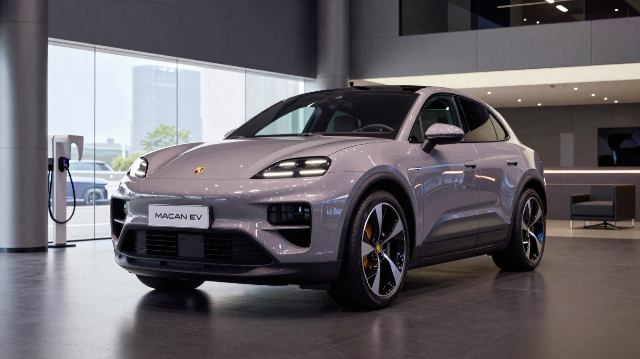 Carro elétrico Porsche Macan EV prata exibido em showroom moderno com carregador ao fundo.