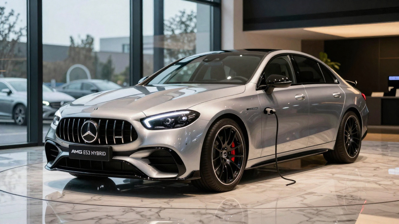 Mercedes-Benz AMG E53 Hybrid prata carregando em showroom moderno com piso de mármore.