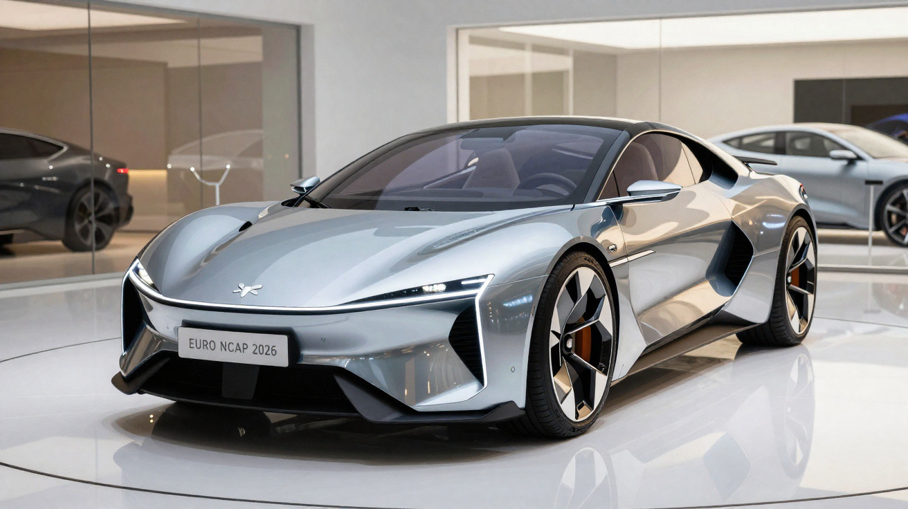 Carro esportivo elétrico prateado futurista em exposição em ambiente moderno com piso branco brilhante.