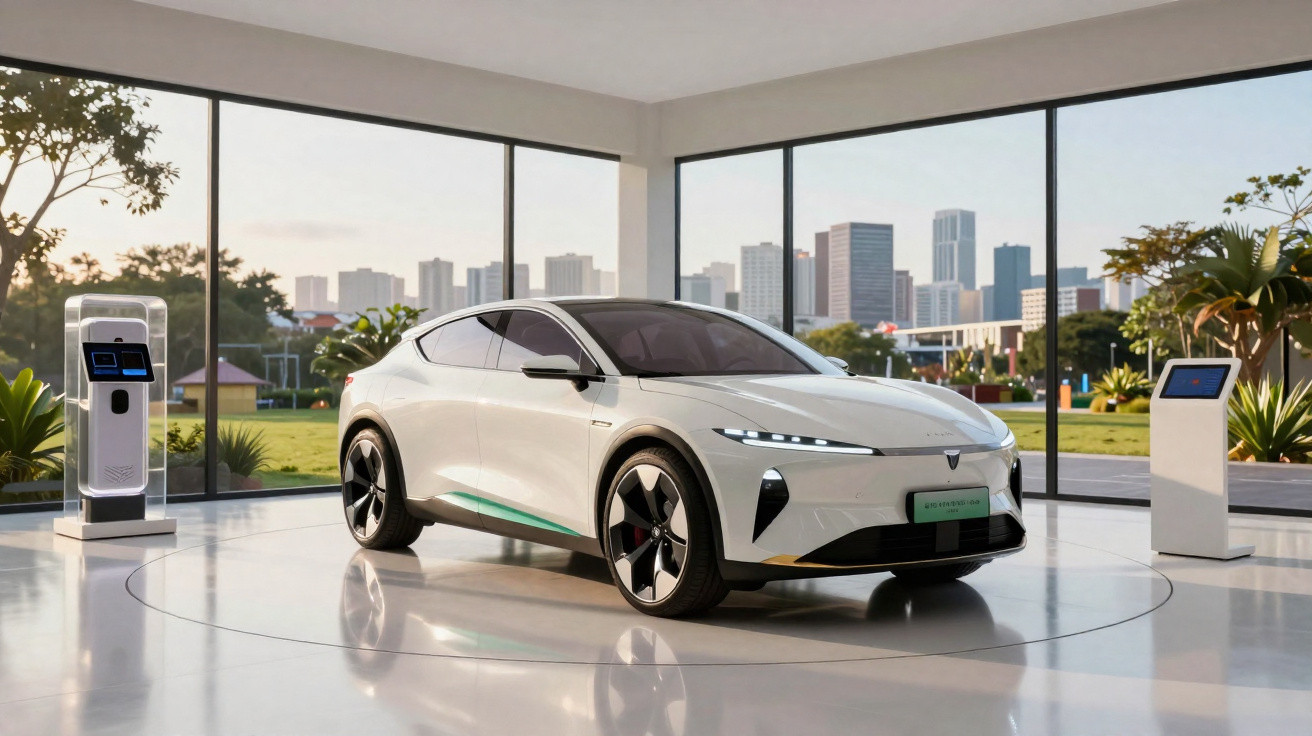 Carro elétrico branco em showroom moderno com paredes de vidro e vista para cidade ao fundo.
