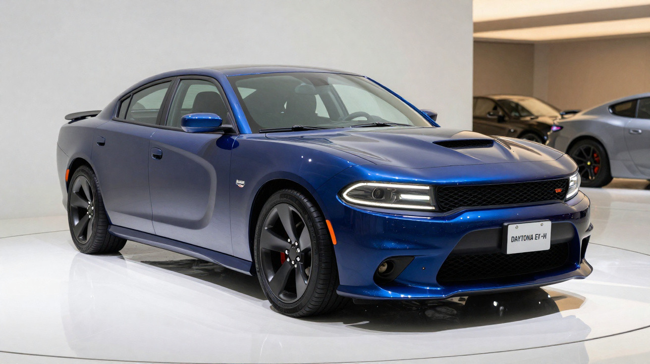 Carro esportivo Dodge Charger na cor azul exposto em salão com fundo claro.