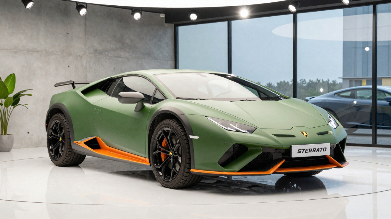 Carro esportivo Lamborghini Sterrato verde com detalhes em laranja exibido em showroom moderno.