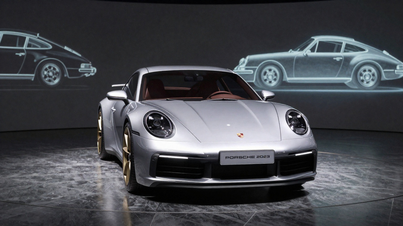 Carro esportivo Porsche prata 2023 em exposição com desenhos de modelos antigos ao fundo.