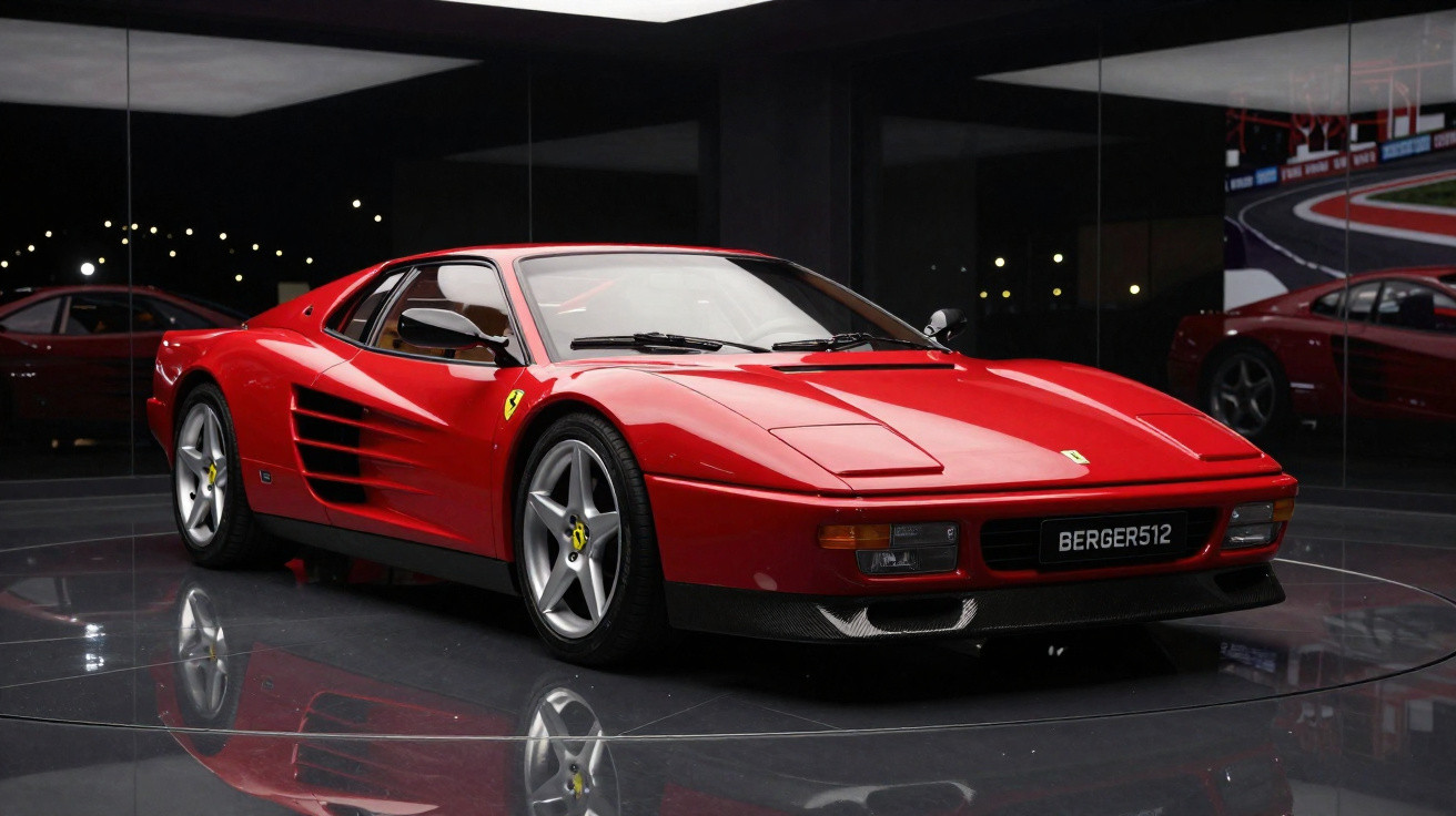 Carro esportivo Ferrari vermelho vintage exposto em ambiente com paredes espelhadas.