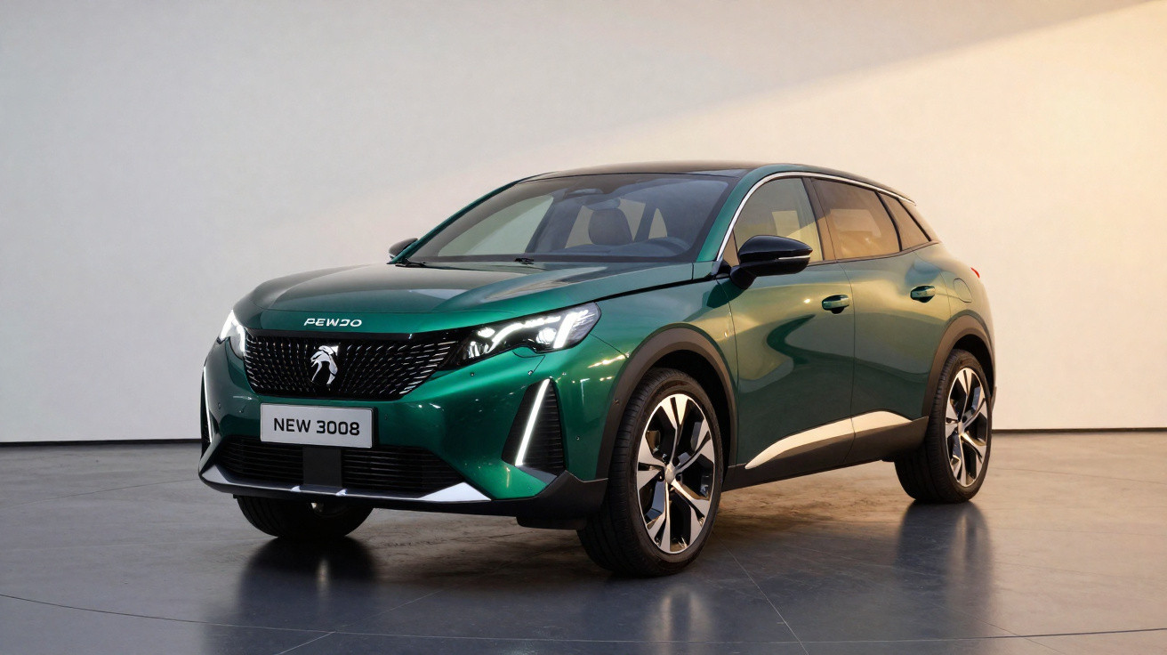 SUV Peugeot 3008 verde metálico em ambiente interno com iluminação suave, vista frontal em três quartos.