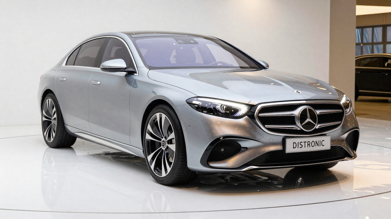 Carro sedan Mercedes-Benz prata em exposição, com luzes dianteiras acesas e logo na grade frontal.