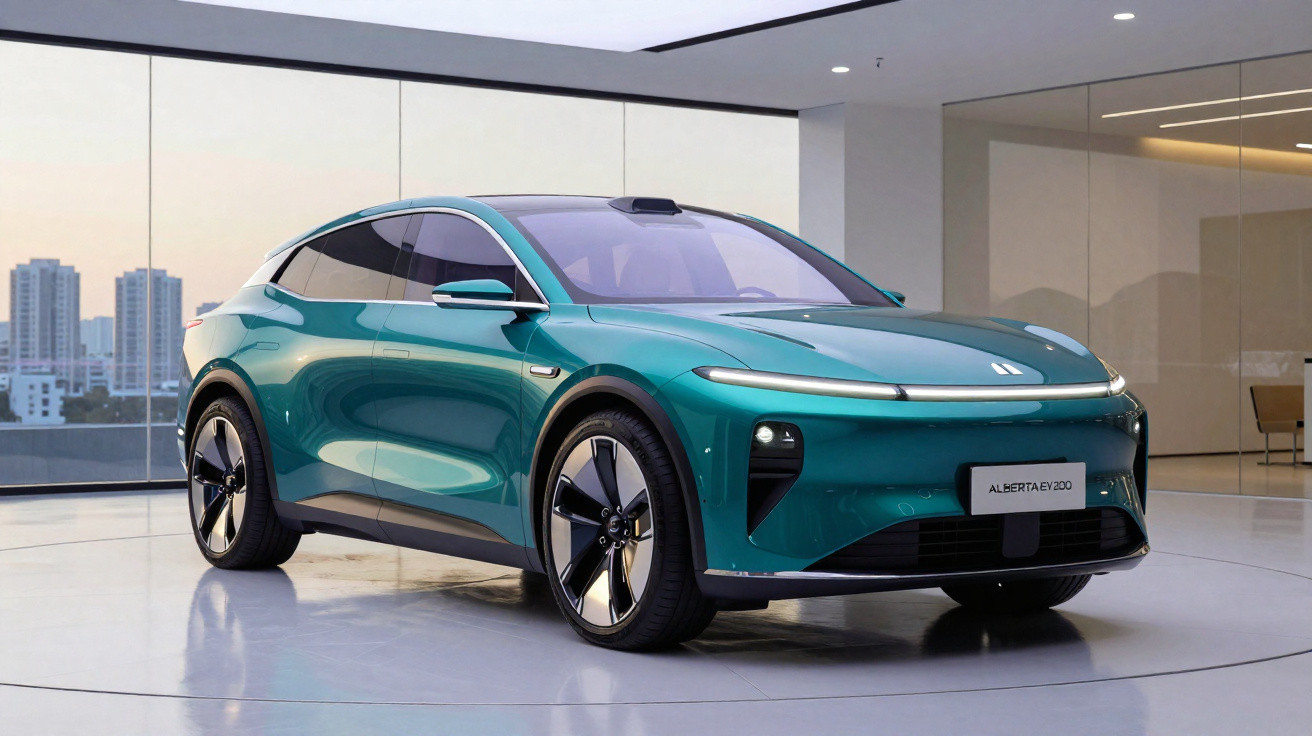 Carro elétrico SUV verde azul em exposição com design moderno e linhas aerodinâmicas em showroom.