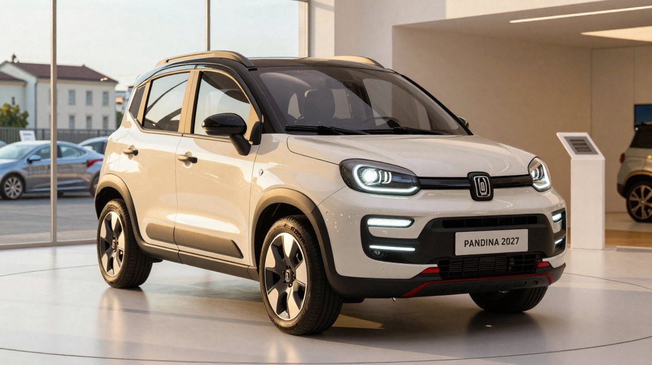 Carro elétrico compacto branco Pandina 2027 exibido em showroom moderno com iluminação suave e janelas amplas.