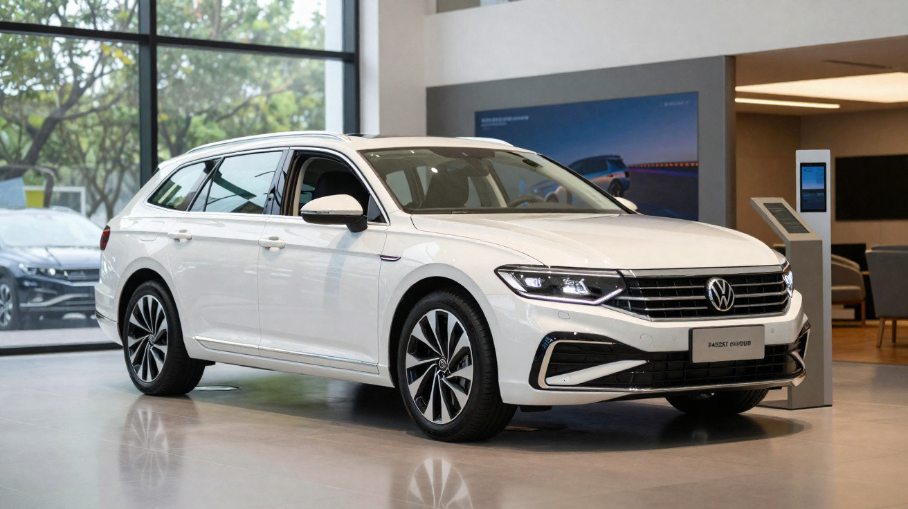 Carro VW Passat Variant branco estacionado em showroom moderno com grandes janelas.