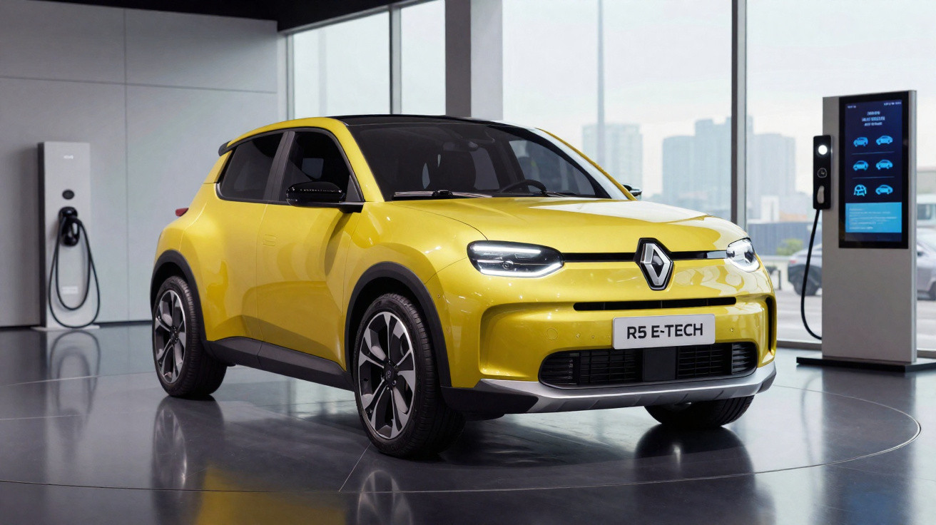 Carro elétrico Renault amarelo modelo R5 E-TECH em exibição interna com carregador ao fundo.