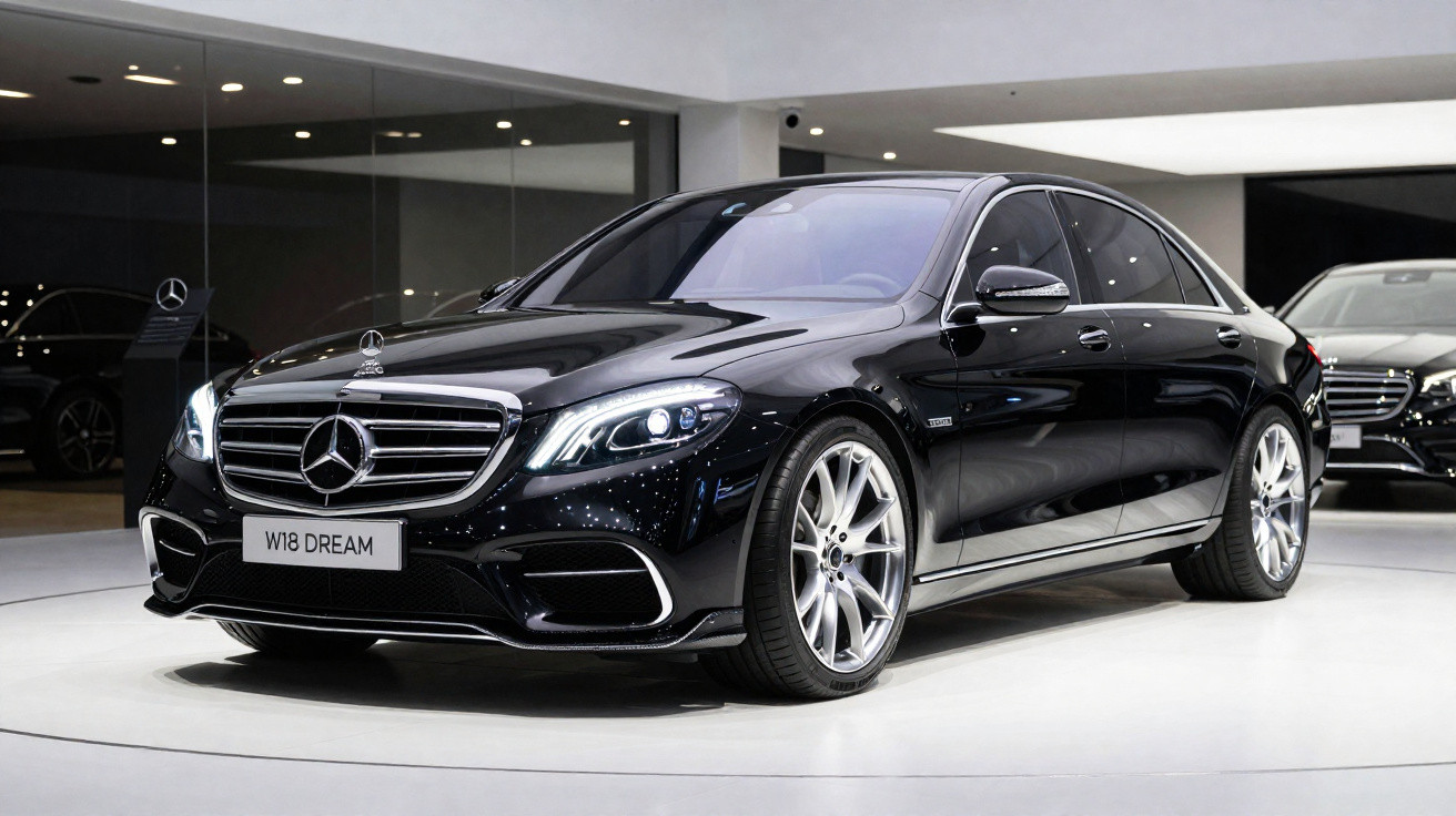 Carro preto Mercedes-Benz W18 Dream expos em salão com iluminação refletindo no carro.