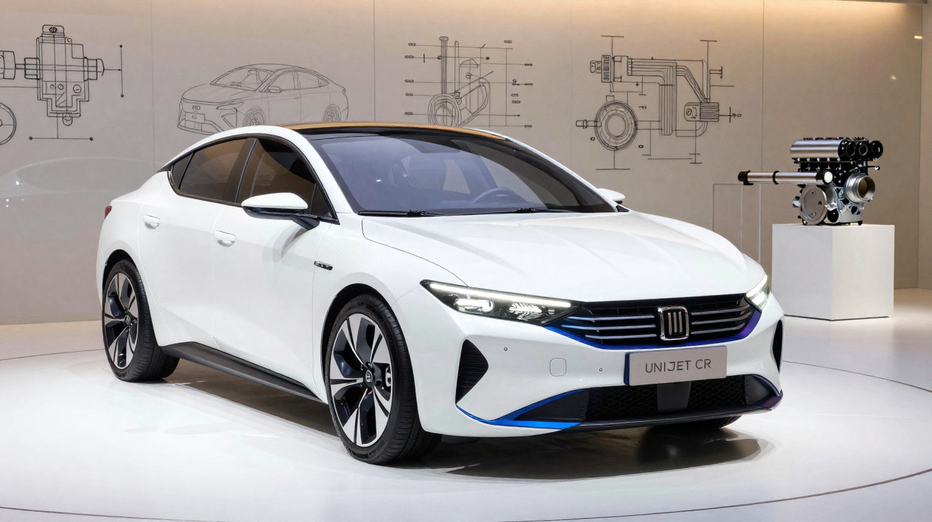 Carro elétrico branco modelo Unijet CR exibido em salão com desenhos técnicos ao fundo.