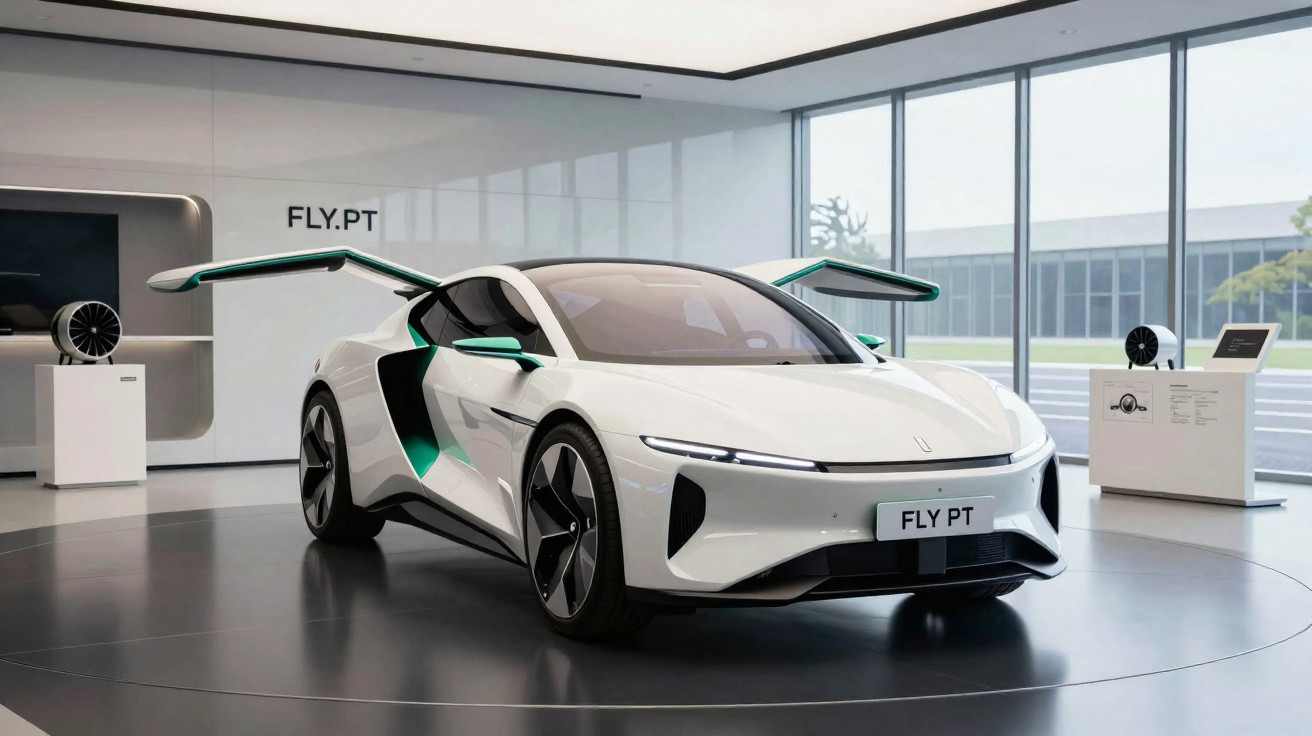 Carro esportivo elétrico branco exposto em salão moderno com grande janela e decoração minimalista.