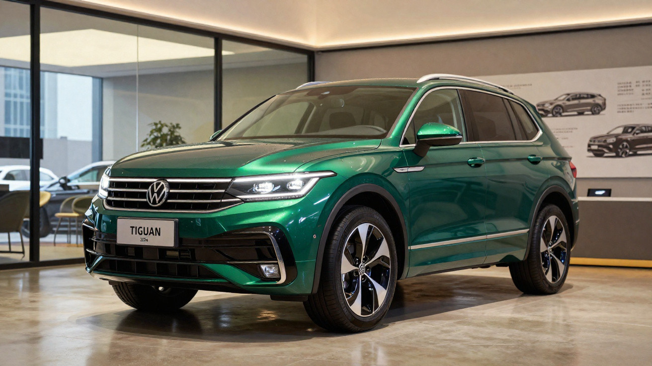 SUV Volkswagen Tiguan verde estacionado em showroom moderno com paredes de vidro.