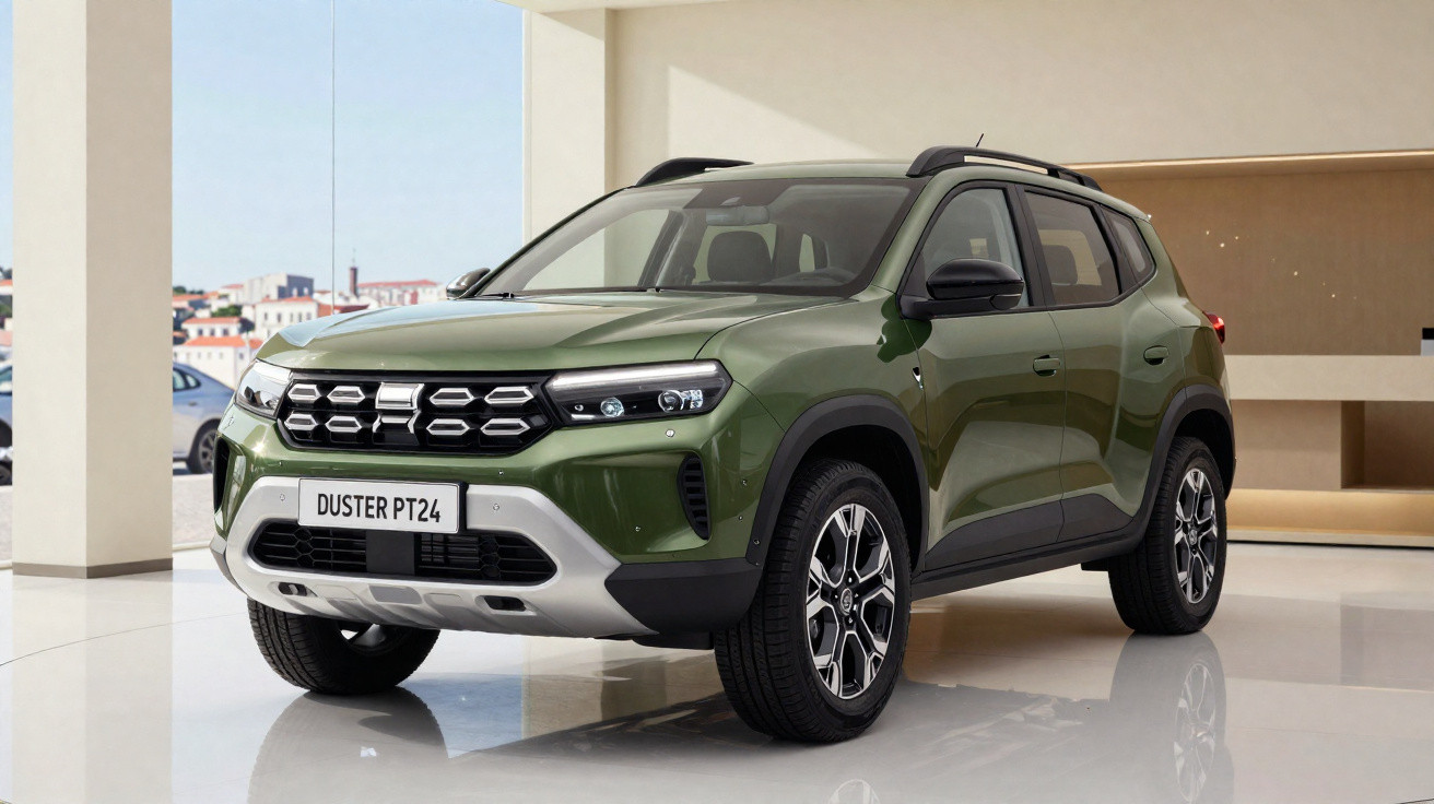SUV verde Duster PT24 estacionado em ambiente moderno e iluminado.