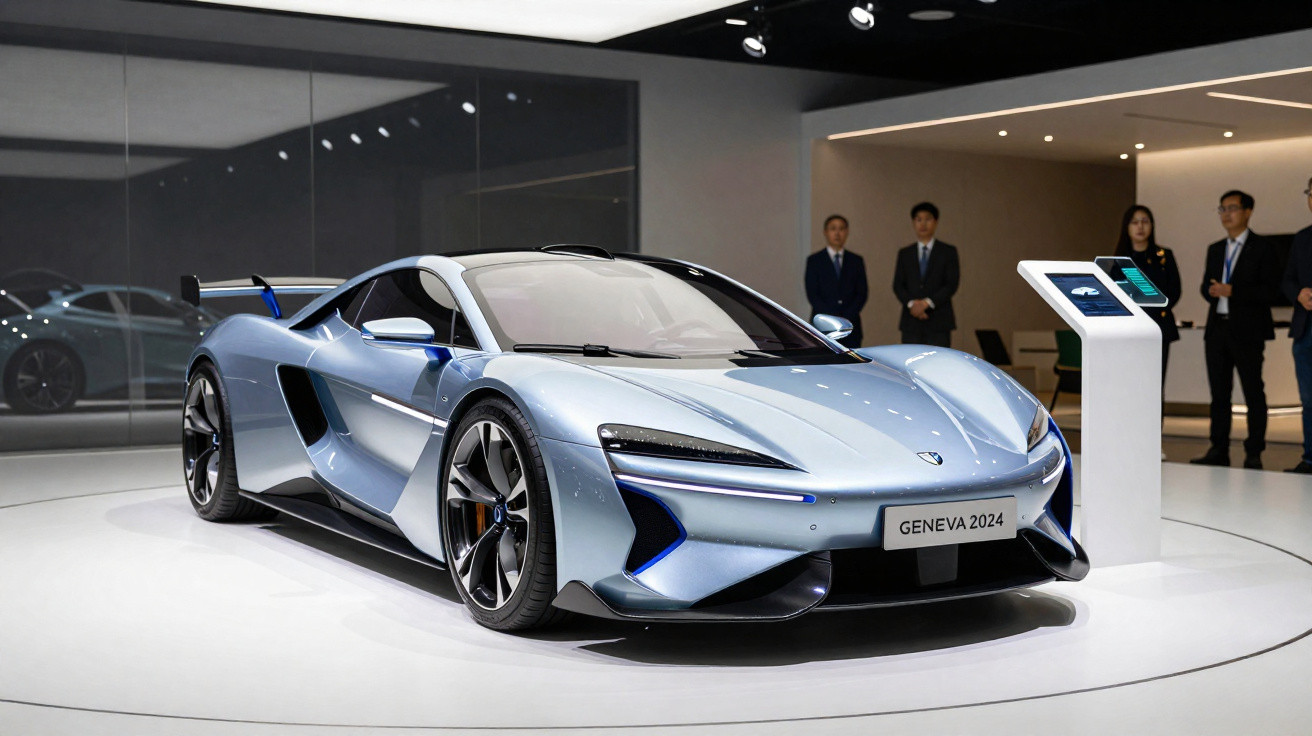 Carro esportivo azul prateado exibido em salão, com pessoas ao fundo e placa GENEVA 2024.