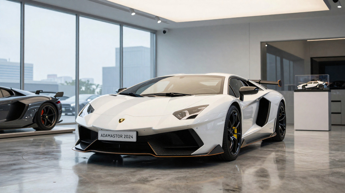 Carro esportivo Lamborghini branco em exposição interna com piso de cimento polido e grande janela ao fundo.