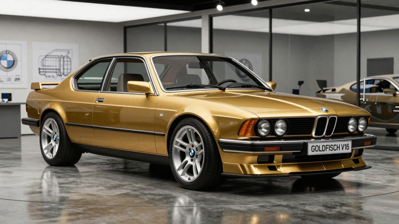 Carro esportivo BMW antigo dourado exposto em ambiente interno com piso refletivo.
