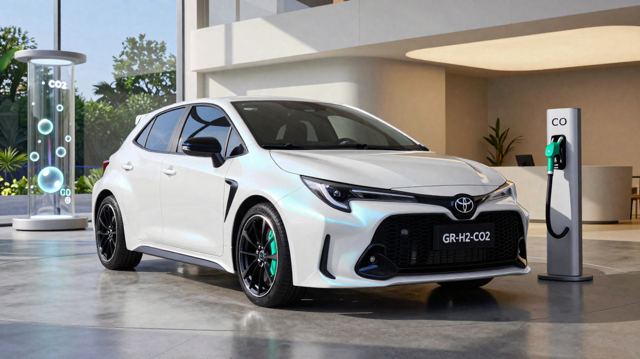 Carro branco Toyota GR-H2-CO2 em showroom moderno ao lado de estação de recarga de hidrogênio.