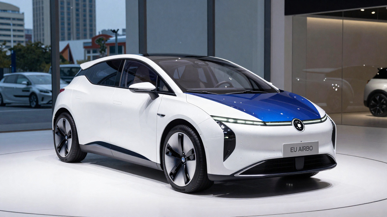 Carro elétrico branco com capô azul exposto em salão automotivo moderno.