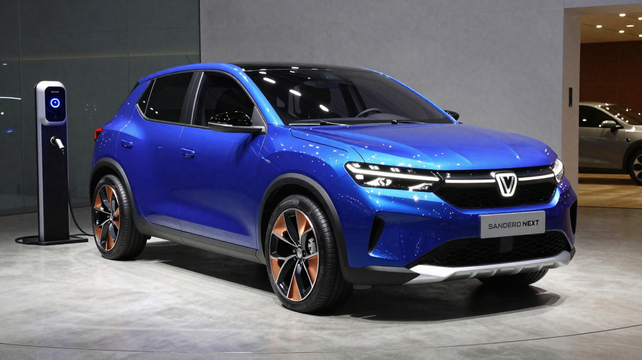 Carro elétrico azul Sanderro Next estacionado próximo a uma estação de recarga, em ambiente interno.