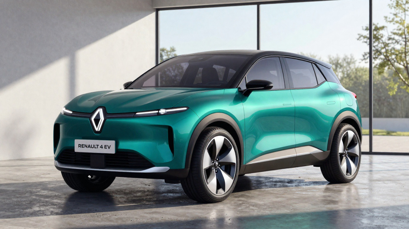 Carro elétrico Renault 4 EV verde com teto preto em ambiente interno iluminado por luz natural.
