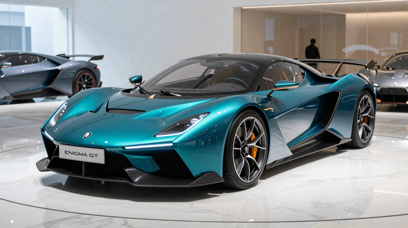 Carro esportivo Enigma GT azul metálico exibido em showroom sofisticado com piso branco brilhante.