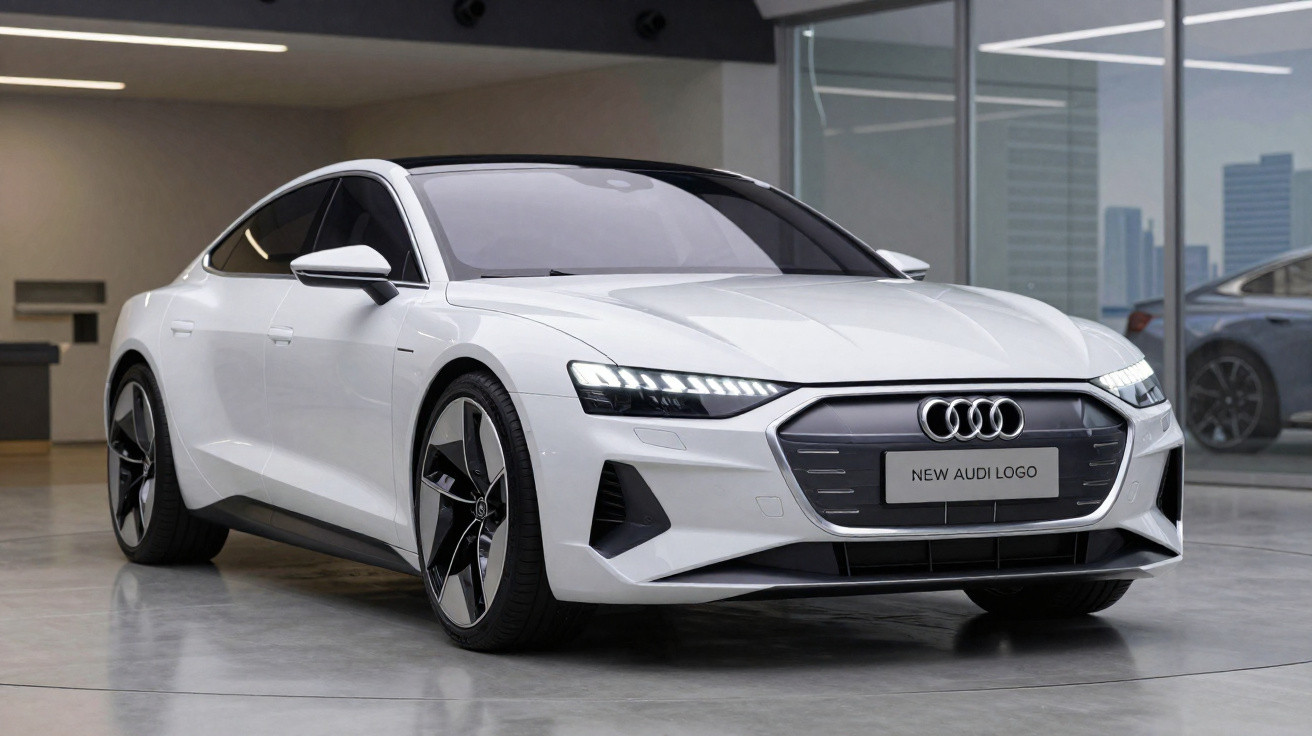 Carro Audi elétrico branco estacionado em ambiente interno moderno, com design futurista e rodas esportivas.