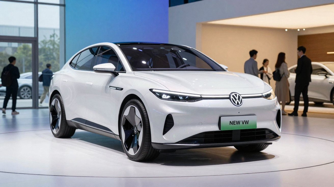 Carro elétrico branco VW novo em exposição com pessoas ao fundo em ambiente moderno e iluminado