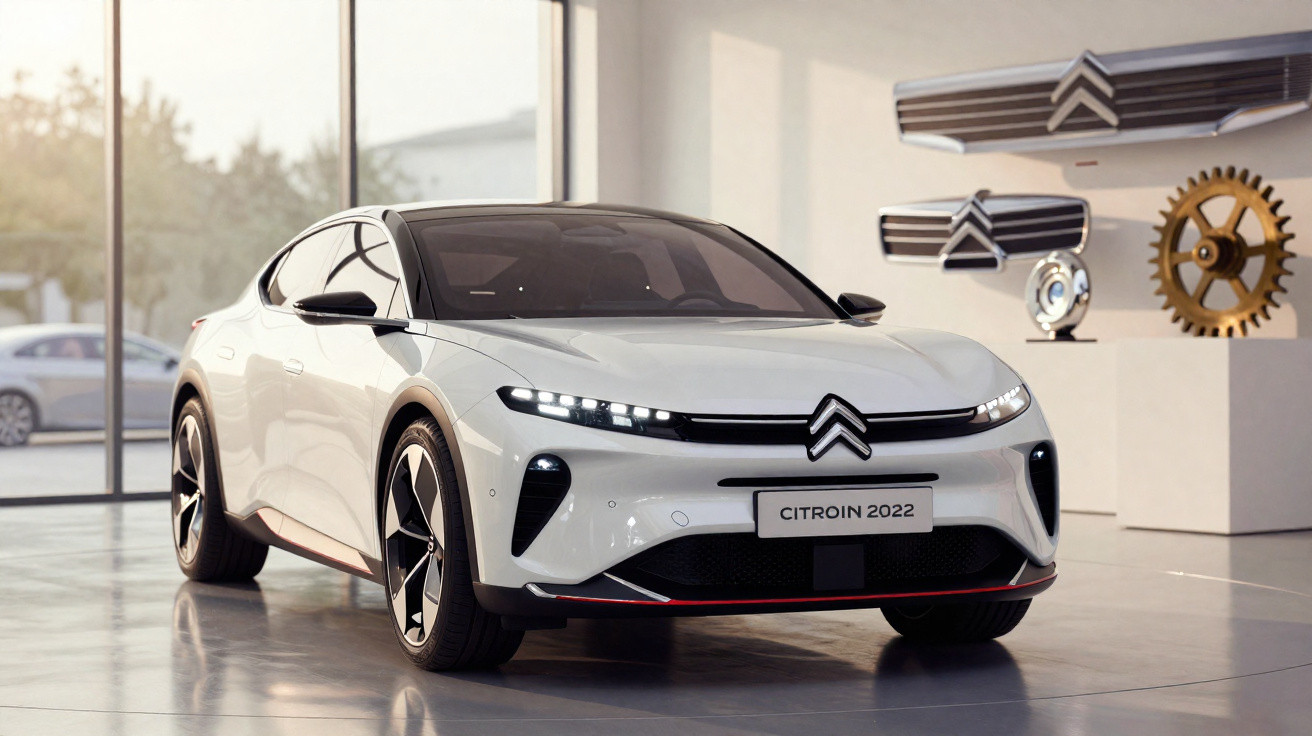 Carro elétrico branco Citroën 2022 exposto em showroom com logo na parede ao fundo.