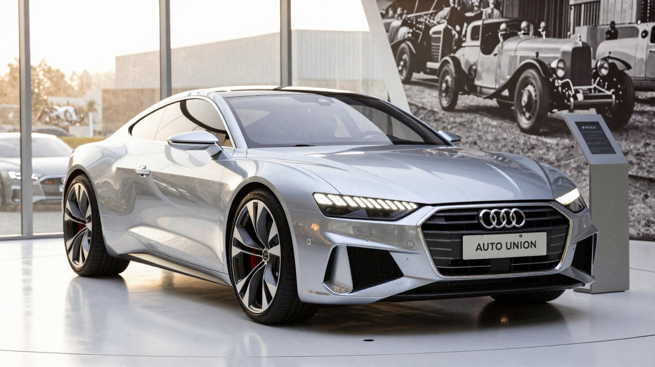 Carro esportivo Audi prata estacionado em exposição com placa Auto Union visível no para-choque dianteiro.