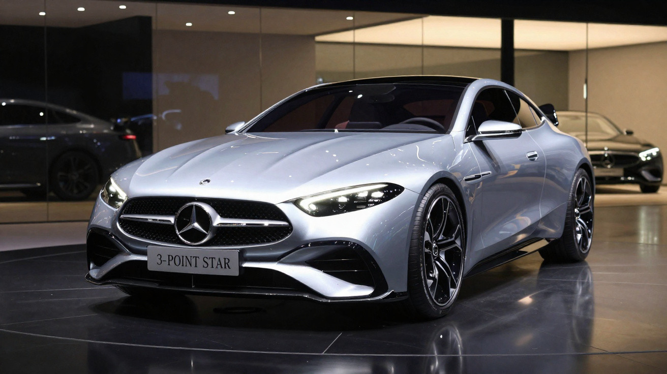 Carro esportivo Mercedes-Benz prata em exposição, com faróis acesos e rodas pretas brilhantes.
