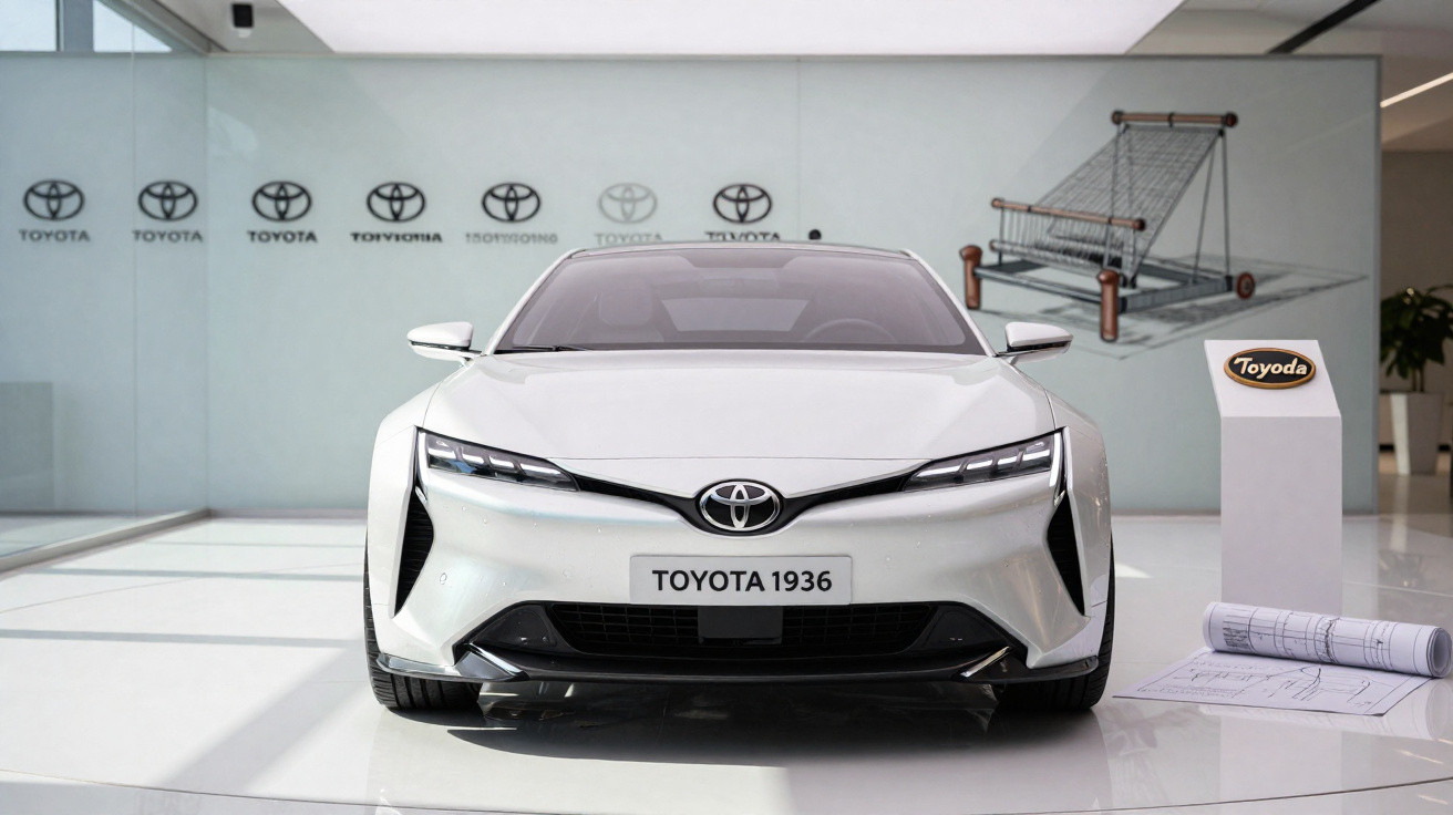 Carro branco moderno da Toyota em exposição, com placa "Toyota 1936" e símbolos da marca ao fundo.