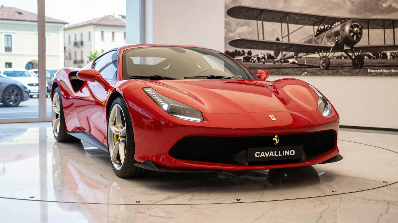Carro esportivo vermelho Ferrari exibido em showroom com chão de mármore e quadro de avião antigo na parede.