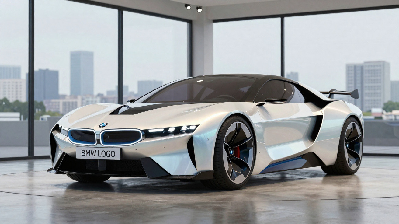 Carro esportivo BMW prata futurista exibido em ambiente interno com janelas amplas e vista urbana ao fundo.