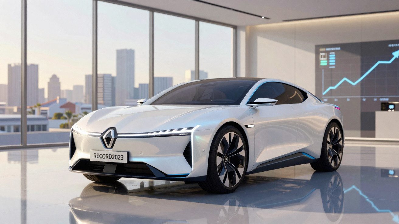 Carro elétrico branco Renault em showroom moderno com grandes janelas e gráficos digitais na parede.