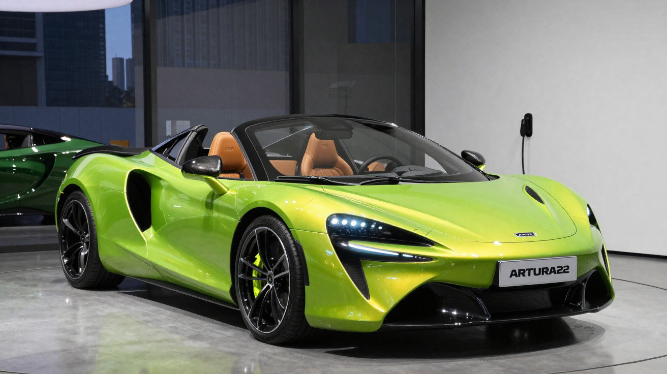 Carro esportivo conversível verde-limão com interior bege em showroom moderno.