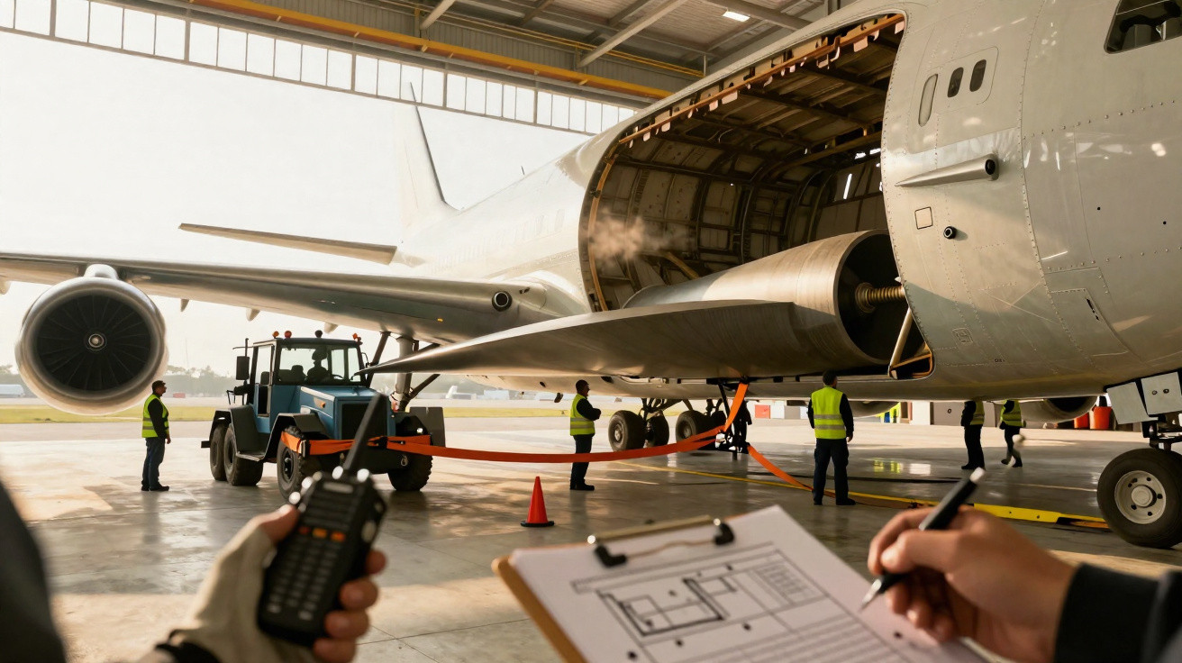 Funcionários com coletes de segurança operam e inspecionam avião cargueiro em hangar de aeroporto.